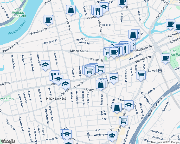map of restaurants, bars, coffee shops, grocery stores, and more near 53 Loring Street in Lowell