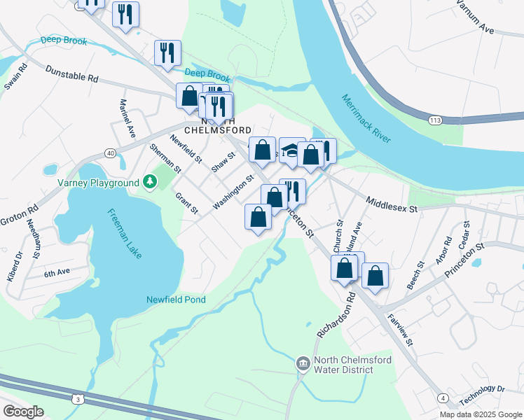 map of restaurants, bars, coffee shops, grocery stores, and more near 67 Princeton Drive in Chelmsford