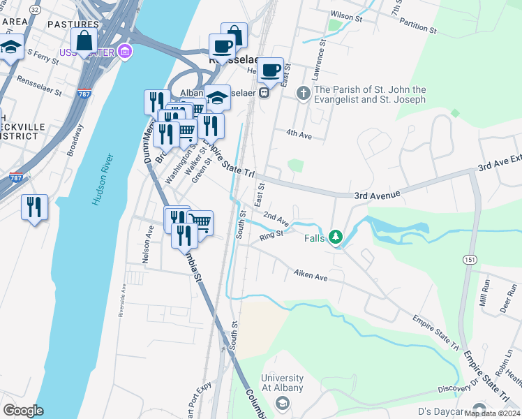 map of restaurants, bars, coffee shops, grocery stores, and more near 210 East Street in Rensselaer