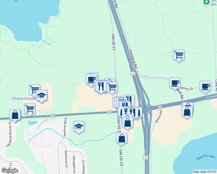 map of restaurants, bars, coffee shops, grocery stores, and more near 10221 Crossview Trail in Howell
