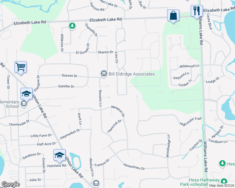 map of restaurants, bars, coffee shops, grocery stores, and more near 392 Melinda Circle in White Lake Township