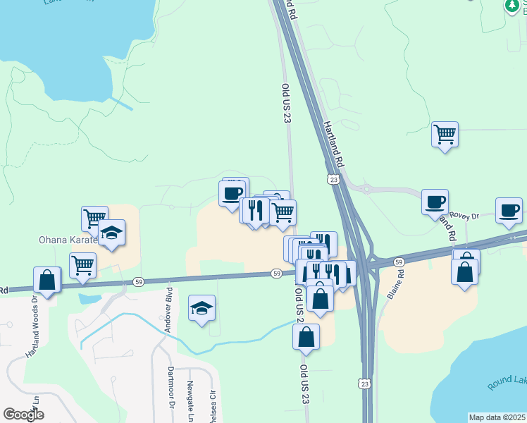 map of restaurants, bars, coffee shops, grocery stores, and more near Crossview Trail in Howell