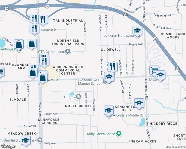 map of restaurants, bars, coffee shops, grocery stores, and more near 1536 West Auburn Road in Rochester Hills