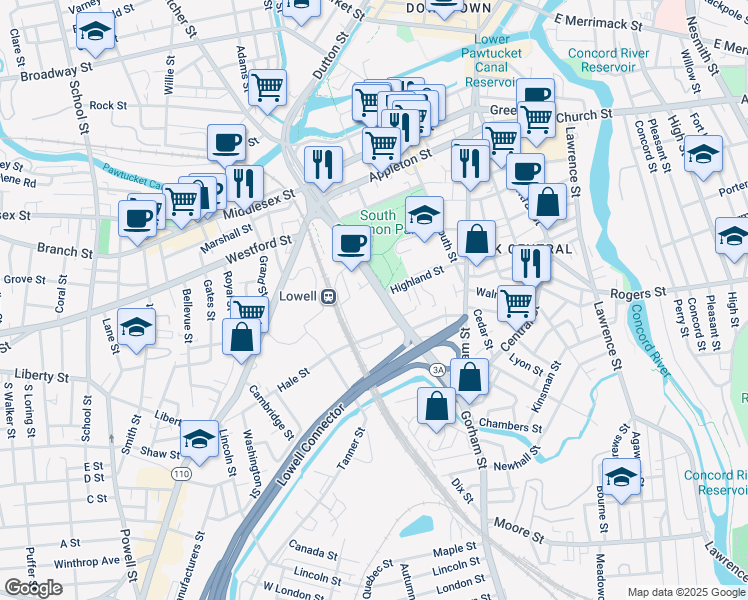 map of restaurants, bars, coffee shops, grocery stores, and more near 201 Massachusetts 3A in Lowell