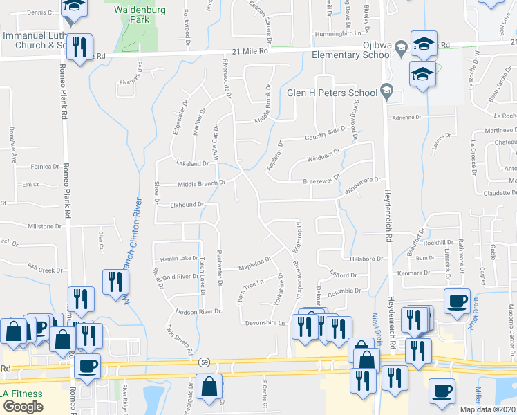 map of restaurants, bars, coffee shops, grocery stores, and more near 45936 Riverwoods Drive in Macomb