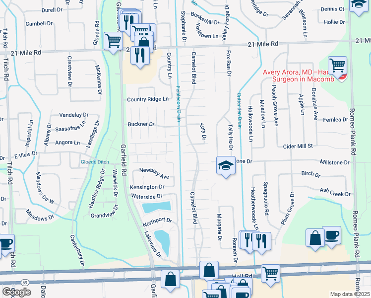 map of restaurants, bars, coffee shops, grocery stores, and more near 17020 Saint Charles Drive in Macomb
