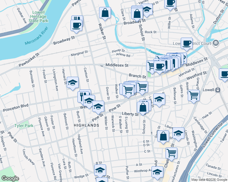 map of restaurants, bars, coffee shops, grocery stores, and more near 399 Walker Street in Lowell