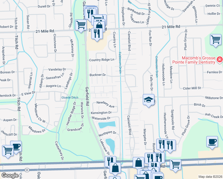 map of restaurants, bars, coffee shops, grocery stores, and more near 4625 Cavalier Drive in Macomb