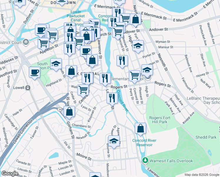 map of restaurants, bars, coffee shops, grocery stores, and more near 33 Merrill Street in Lowell