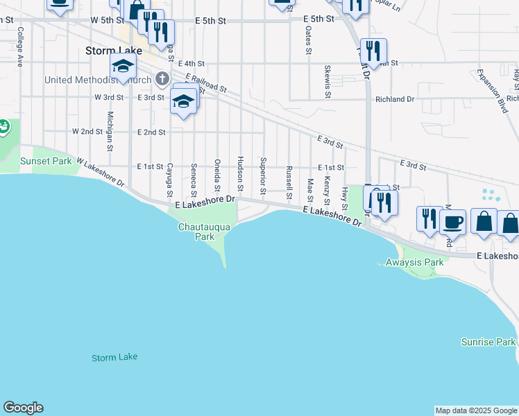 map of restaurants, bars, coffee shops, grocery stores, and more near 611 Chautauqua Park Drive in Storm Lake