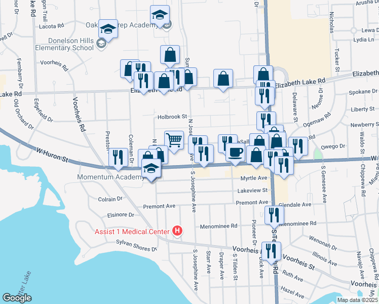 map of restaurants, bars, coffee shops, grocery stores, and more near 23 North Josephine Avenue in Waterford Township
