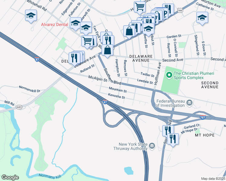 map of restaurants, bars, coffee shops, grocery stores, and more near 364 Mountain Street in Albany