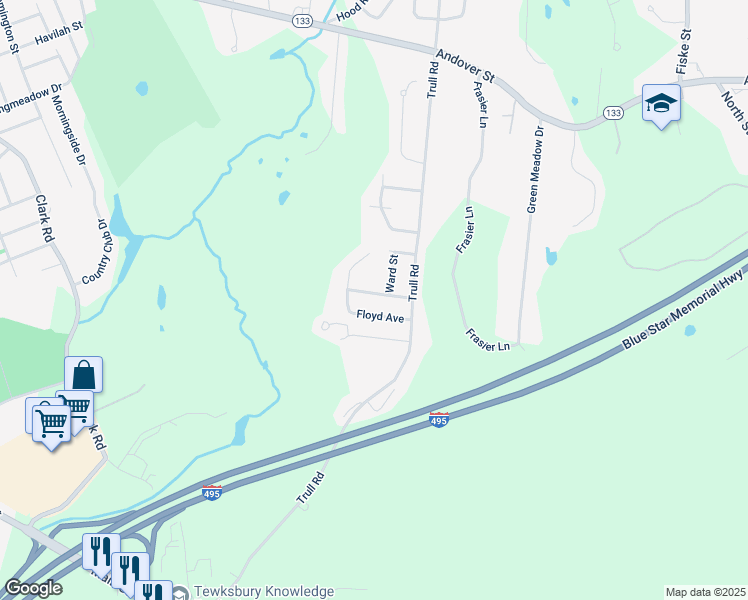 map of restaurants, bars, coffee shops, grocery stores, and more near 38 Whited Avenue in Tewksbury