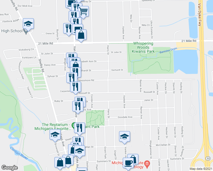 map of restaurants, bars, coffee shops, grocery stores, and more near 46261 Harry Street in Macomb County