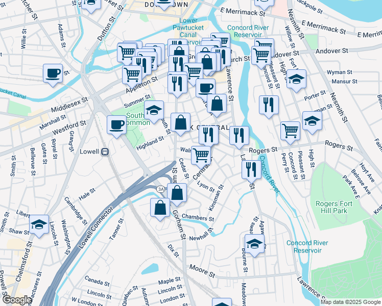 map of restaurants, bars, coffee shops, grocery stores, and more near 52 Walnut Street in Lowell