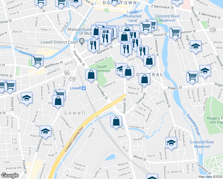 map of restaurants, bars, coffee shops, grocery stores, and more near 50 Highland Street in Lowell