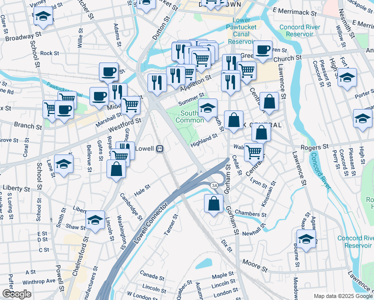 map of restaurants, bars, coffee shops, grocery stores, and more near 201 Massachusetts 3A in Lowell