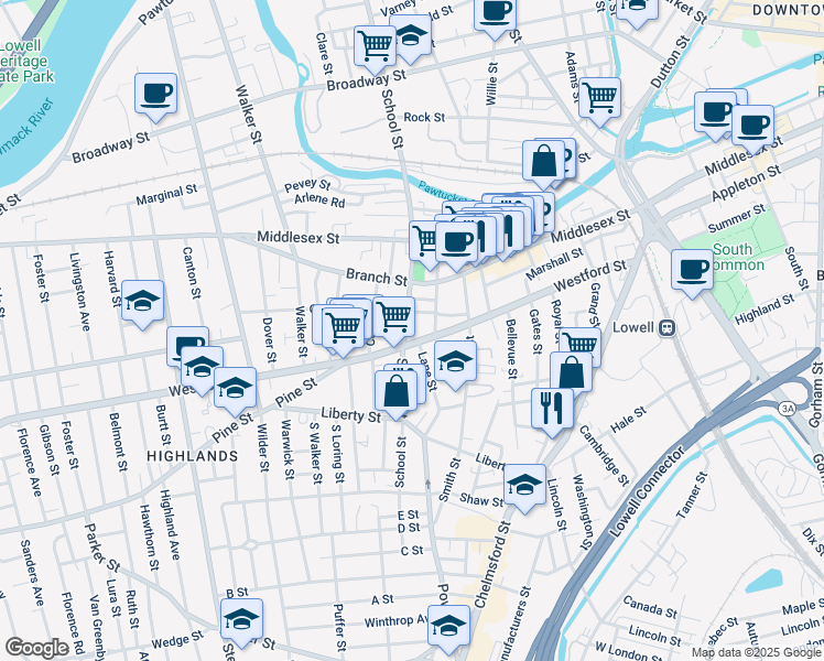 map of restaurants, bars, coffee shops, grocery stores, and more near 532 School Street in Lowell