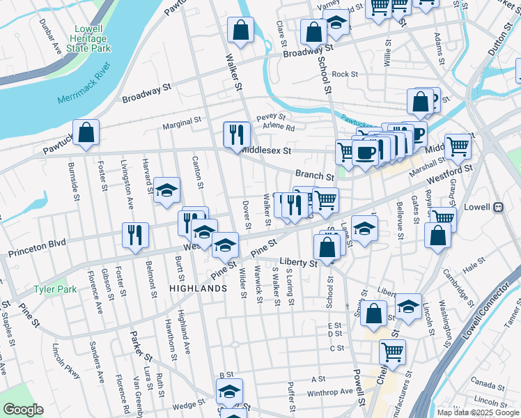 map of restaurants, bars, coffee shops, grocery stores, and more near 385 South Walker Street in Lowell