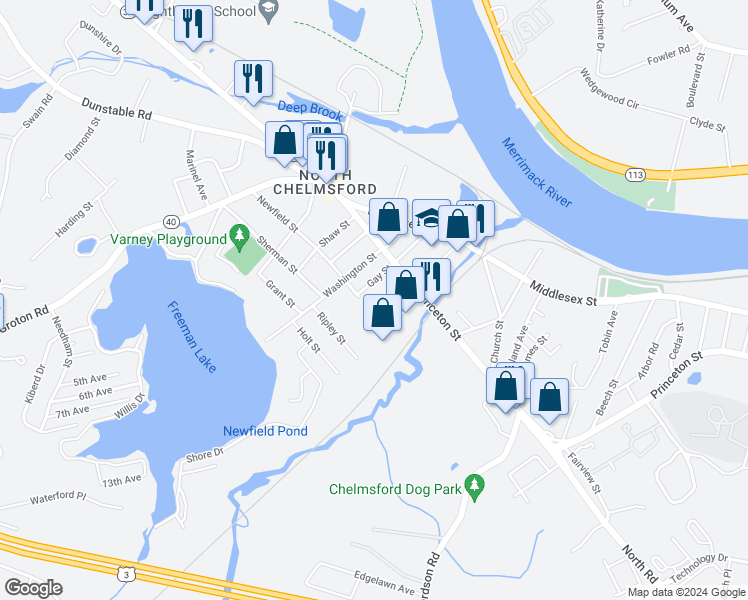 map of restaurants, bars, coffee shops, grocery stores, and more near 58 Gay Street in Chelmsford