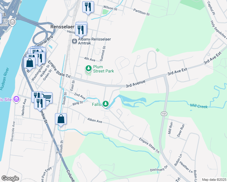 map of restaurants, bars, coffee shops, grocery stores, and more near 7 Grove Street in Rensselaer