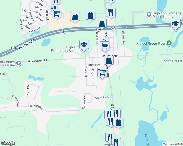 map of restaurants, bars, coffee shops, grocery stores, and more near 326 King in Highland Charter Township