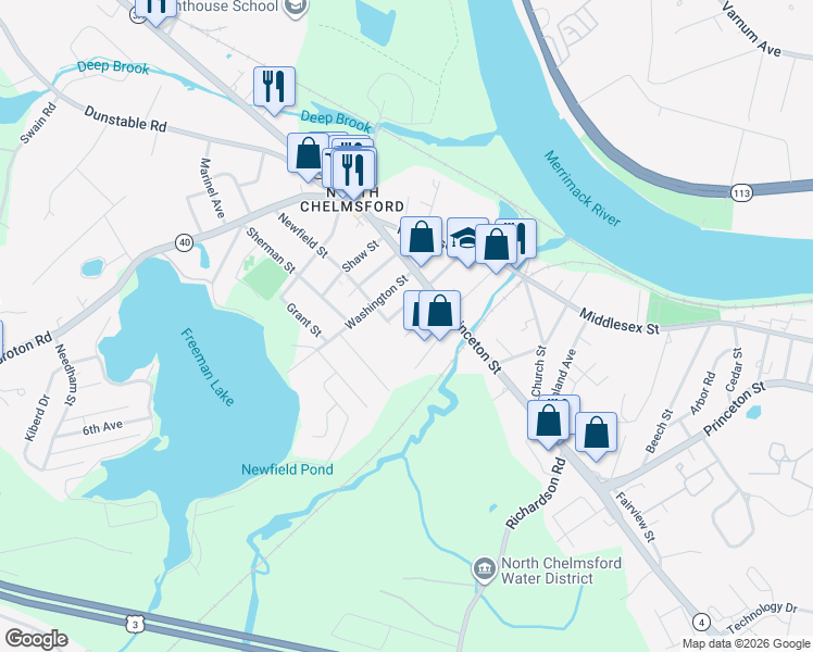 map of restaurants, bars, coffee shops, grocery stores, and more near 58 Gay Street in Chelmsford