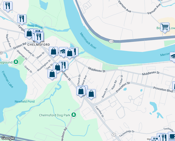 map of restaurants, bars, coffee shops, grocery stores, and more near 5 Highland Avenue in Chelmsford