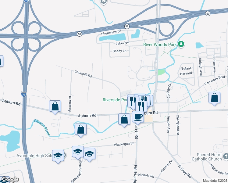 map of restaurants, bars, coffee shops, grocery stores, and more near 3170 Churchill Road in Auburn Hills