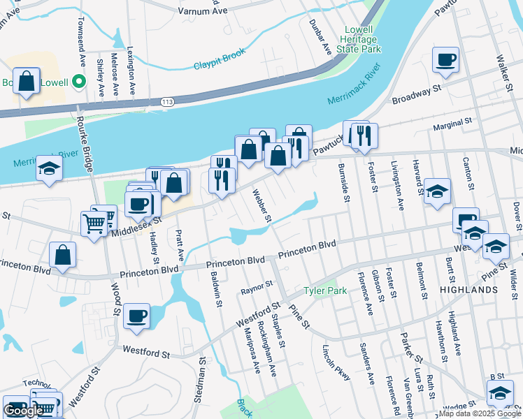 map of restaurants, bars, coffee shops, grocery stores, and more near 45 Webber Street in Lowell