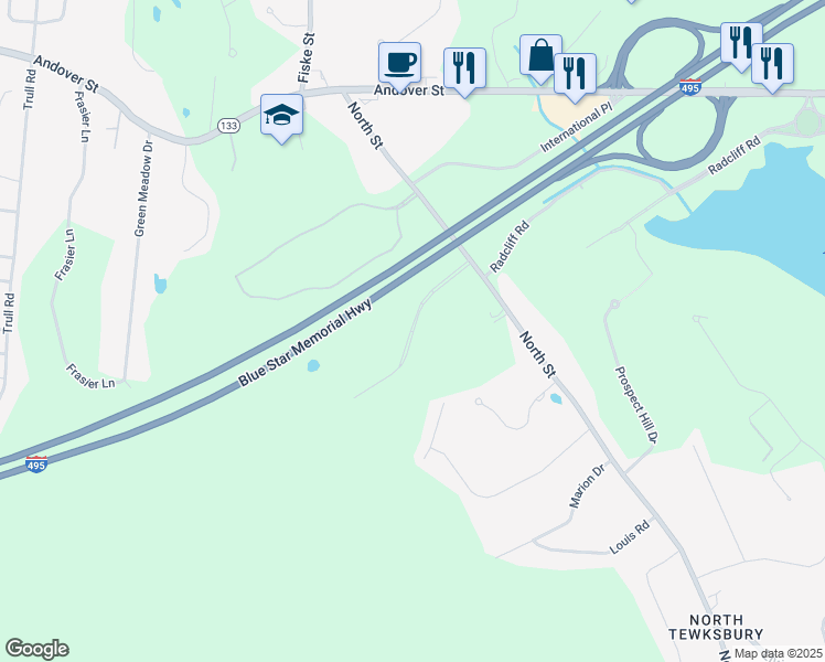 map of restaurants, bars, coffee shops, grocery stores, and more near Network Drive in Tewksbury