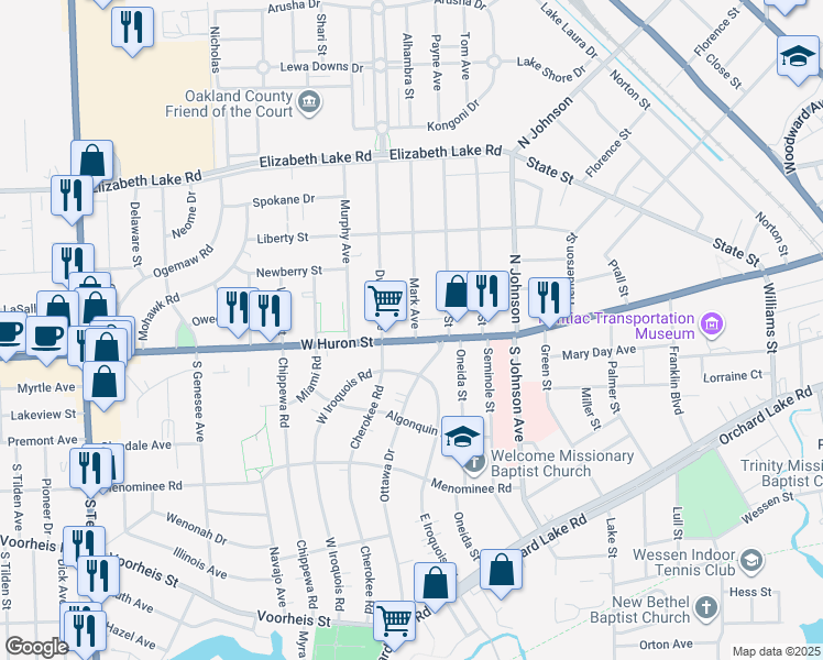 map of restaurants, bars, coffee shops, grocery stores, and more near 15 Mark Avenue in Pontiac