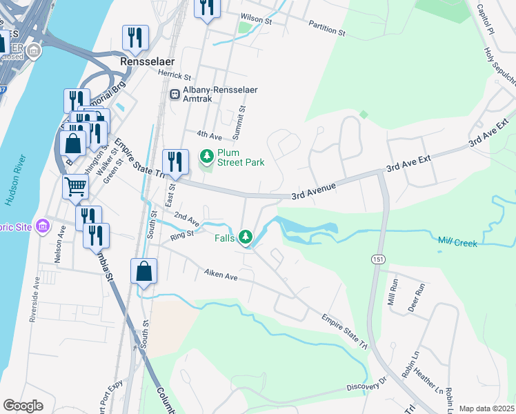 map of restaurants, bars, coffee shops, grocery stores, and more near 7 Grove Street in Rensselaer