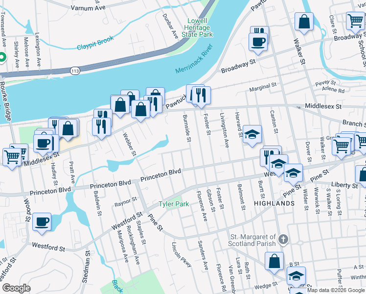map of restaurants, bars, coffee shops, grocery stores, and more near 15 Shawmut Avenue in Lowell