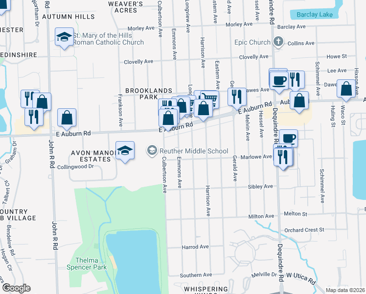 map of restaurants, bars, coffee shops, grocery stores, and more near 3015 Emmons Avenue in Rochester Hills
