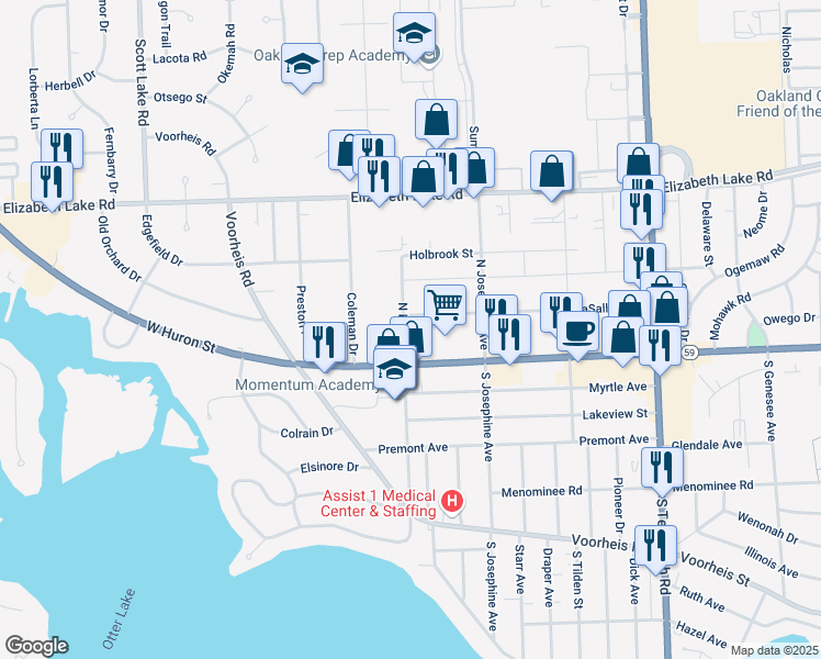 map of restaurants, bars, coffee shops, grocery stores, and more near 40 North Lynn Street in Waterford Township