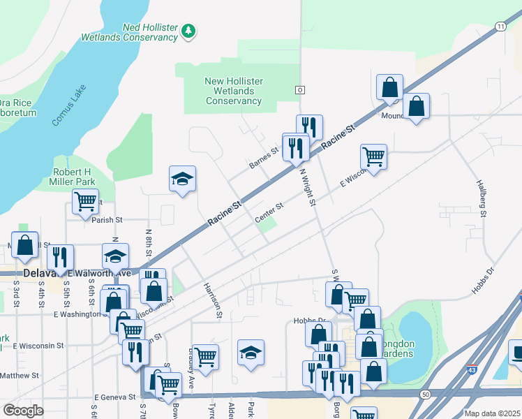 map of restaurants, bars, coffee shops, grocery stores, and more near 1121 Center Street in Delavan