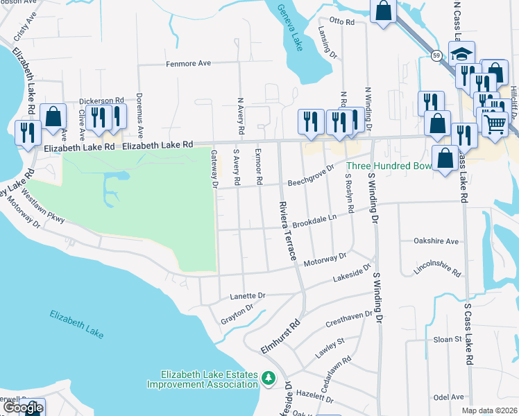 map of restaurants, bars, coffee shops, grocery stores, and more near 140 Exmoor Road in Waterford Township