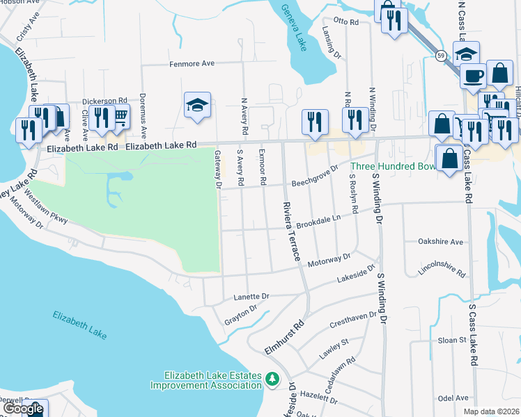 map of restaurants, bars, coffee shops, grocery stores, and more near 140 Exmoor Road in Waterford Township