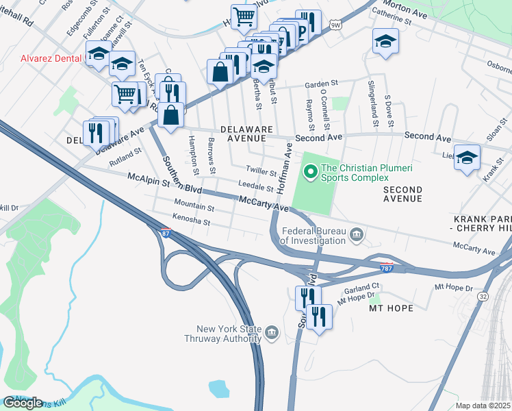 map of restaurants, bars, coffee shops, grocery stores, and more near 300 Route 9W in Albany