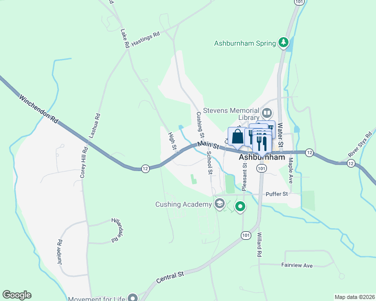 map of restaurants, bars, coffee shops, grocery stores, and more near 107 Main Street in Ashburnham