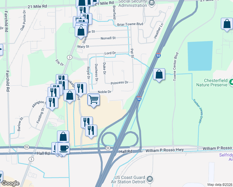 map of restaurants, bars, coffee shops, grocery stores, and more near 25642 Noble Drive in New Baltimore