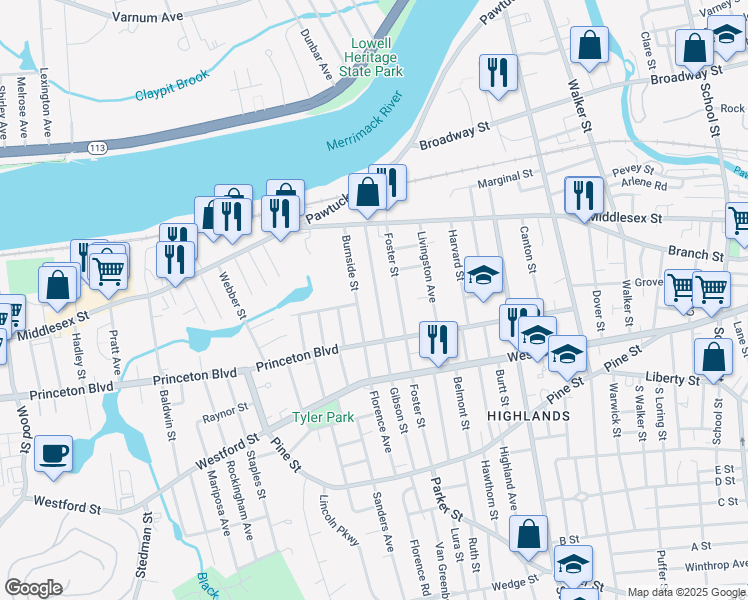 map of restaurants, bars, coffee shops, grocery stores, and more near 85 Sayles Street in Lowell