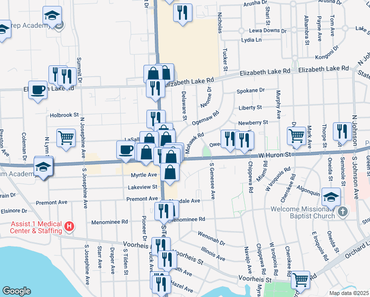 map of restaurants, bars, coffee shops, grocery stores, and more near 19 Mohawk Road in Pontiac