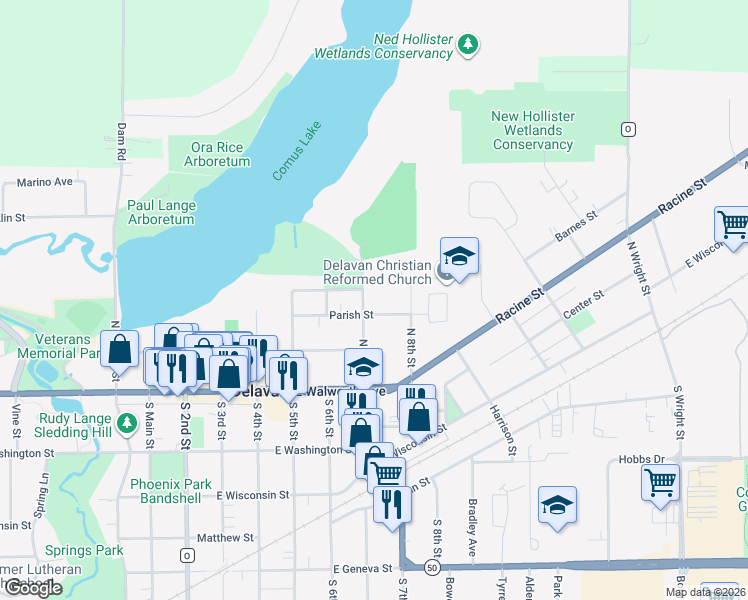 map of restaurants, bars, coffee shops, grocery stores, and more near 314 North 7th Street in Delavan