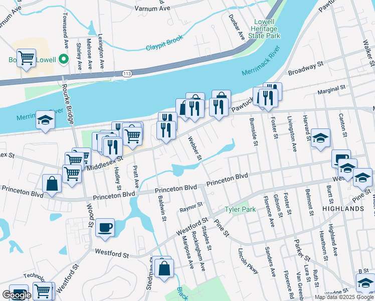 map of restaurants, bars, coffee shops, grocery stores, and more near 45 Webber Street in Lowell