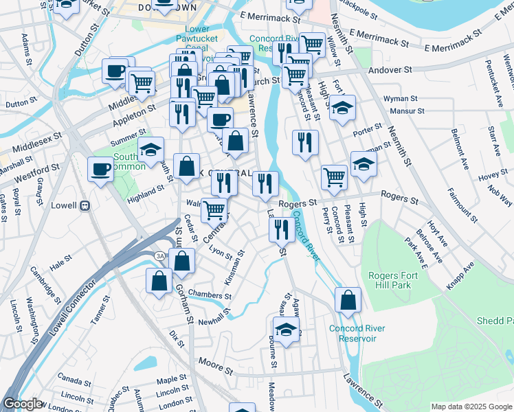 map of restaurants, bars, coffee shops, grocery stores, and more near 39 Richmond Avenue in Lowell