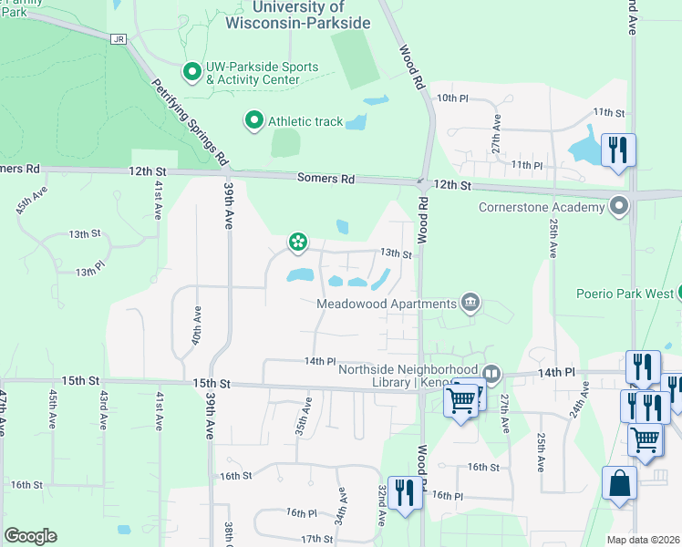 map of restaurants, bars, coffee shops, grocery stores, and more near 1318 32nd Court in Kenosha
