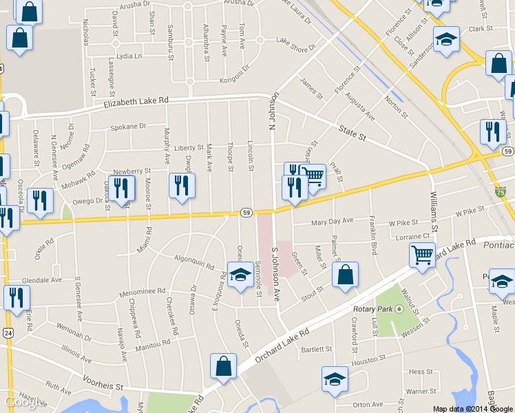 map of restaurants, bars, coffee shops, grocery stores, and more near 476 West Huron Street in Pontiac