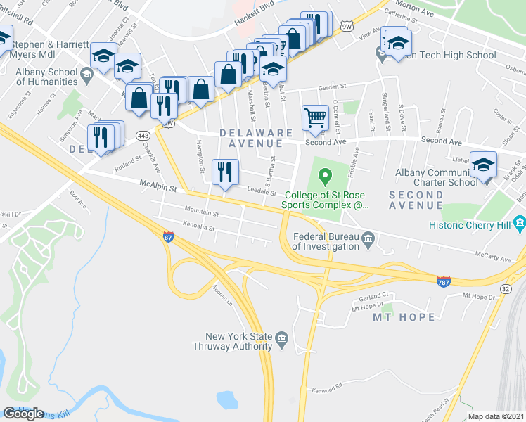 map of restaurants, bars, coffee shops, grocery stores, and more near 302 McCarty Avenue in Albany